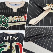 Laden Sie das Bild in den Galerie-Viewer, Uksn Individuelles Schwarz Creme mit Nadelstreifen Vintage mexikanische Flagge Zweiknopf Unisex Softball-Trikot
