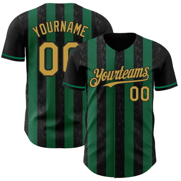 Uksn Individuelles Schwarz Altgold-Kelly-Grün Klassischer Vertikalstreifen Flüssige Textur Authentisches Baseball-Trikot