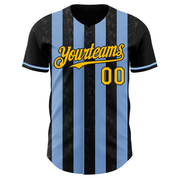 Uksn Individuelles Schwarz Gold-Hellblau Klassischer Vertikalstreifen Flüssige Textur Authentisches Baseball-Trikot