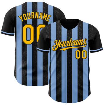 Uksn Individuelles Schwarz Gold-Hellblau Klassischer Vertikalstreifen Flüssige Textur Authentisches Baseball-Trikot