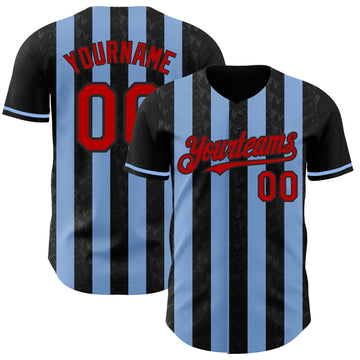 Uksn Individuelles Schwarz Rot-Hellblau Klassischer Vertikalstreifen Flüssige Textur Authentisches Baseball-Trikot