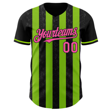 Uksn Individuelles Schwarz Pink-Neongrün Klassischer Vertikalstreifen Flüssige Textur Authentisches Baseball-Trikot