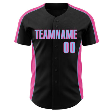 Uksn Individuelles Schwarz Hellblau-Pink Klassischer Farbblock Seitenpanel-Streifen Authentisches Baseball-Trikot