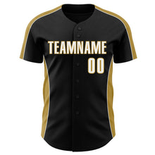 Laden Sie das Bild in den Galerie-Viewer, Uksn Individuelles Schwarz Weiß-Altgold Klassischer Farbblock Seitenpanel-Streifen Authentisches Baseball-Trikot
