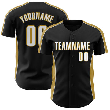 Uksn Individuelles Schwarz Weiß-Altgold Klassischer Farbblock Seitenpanel-Streifen Authentisches Baseball-Trikot