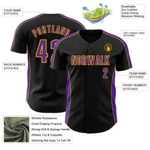 Laden Sie das Bild in den Galerie-Viewer, Uksn Individuelles Schwarz Violett-Gold Klassischer Farbblock Seitenpanel-Streifen Authentisches Baseball-Trikot

