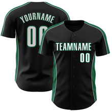 Laden Sie das Bild in den Galerie-Viewer, Uksn Individuelles Schwarz Weiß-Kelly-Grün Klassischer Farbblock Seitenpanel-Streifen Authentisches Baseball-Trikot
