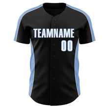 Laden Sie das Bild in den Galerie-Viewer, Uksn Individuelles Schwarz Weiß-Hellblau Klassischer Farbblock Seitenpanel-Streifen Authentisches Baseball-Trikot
