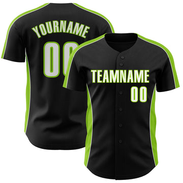 Uksn Individuelles Schwarz Weiß-Neongrün Klassischer Farbblock Seitenpanel-Streifen Authentisches Baseball-Trikot
