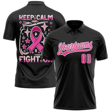 Laden Sie das Bild in den Galerie-Viewer, Uksn Individuelles Schwarz Pink-Weiß 3D Pink Ribbon Keep Calm And Fight On Brustkrebsbewusstseinsmonat Gesundheitsfürsorge für Frauen Unterstützung Funktions-Poloshirt
