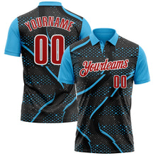 Laden Sie das Bild in den Galerie-Viewer, Uksn Individuelles Schwarz Rot-Himmelblau 3D-Bowling Punkte Funktions-Poloshirt

