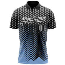 Laden Sie das Bild in den Galerie-Viewer, Uksn Individuelles Schwarz Hellblau-Grau 3D-Bowling geometrische Form Funktions-Poloshirt
