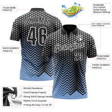 Laden Sie das Bild in den Galerie-Viewer, Uksn Individuelles Schwarz Hellblau-Grau 3D-Bowling geometrische Form Funktions-Poloshirt
