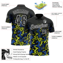 Laden Sie das Bild in den Galerie-Viewer, Uksn Individuelles Schwarz Royalblau-Neongelb 3D-Bowling abstrakte Grunge-Kunst Funktions-Poloshirt
