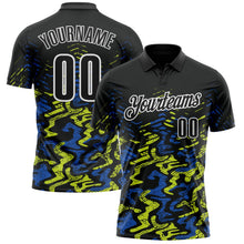 Laden Sie das Bild in den Galerie-Viewer, Uksn Individuelles Schwarz Royalblau-Neongelb 3D-Bowling abstrakte Grunge-Kunst Funktions-Poloshirt
