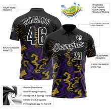 Laden Sie das Bild in den Galerie-Viewer, Uksn Individuelles Schwarz Violett-Altgold 3D-Bowling abstrakte Grunge-Kunst Funktions-Poloshirt
