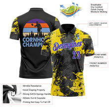 Laden Sie das Bild in den Galerie-Viewer, Uksn Individuelles Schwarz Violett-Hellblau 3D-Cornhole Farbspritzer Funktions-Poloshirt
