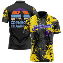 Laden Sie das Bild in den Galerie-Viewer, Uksn Individuelles Schwarz Violett-Hellblau 3D-Cornhole Farbspritzer Funktions-Poloshirt
