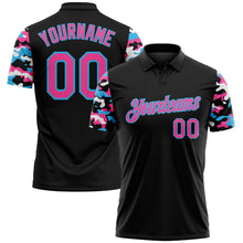 Laden Sie das Bild in den Galerie-Viewer, Uksn Individuelles Schwarz Pink Himmelblau-Weiß Digitales Camouflage Zweifarbig Funktions-Poloshirt
