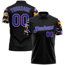 Laden Sie das Bild in den Galerie-Viewer, Uksn Individuelles Schwarz Violett Hellblau-Gold Digitales Camouflage Zweifarbig Funktions-Poloshirt
