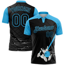Laden Sie das Bild in den Galerie-Viewer, Uksn Individuelles Schwarz-Himmelblau Bowling geometrisches Gitter Funktions-Poloshirt
