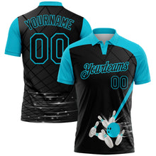 Laden Sie das Bild in den Galerie-Viewer, Uksn Individuelles Schwarz-Lakes Blau Bowling geometrisches Gitter Funktions-Poloshirt

