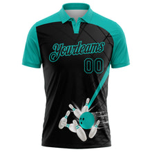 Laden Sie das Bild in den Galerie-Viewer, Uksn Individuelles Schwarz-Aqua Bowling geometrisches Gitter Funktions-Poloshirt
