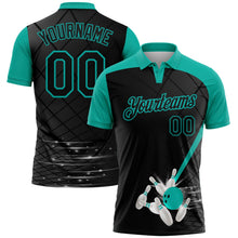 Laden Sie das Bild in den Galerie-Viewer, Uksn Individuelles Schwarz-Aqua Bowling geometrisches Gitter Funktions-Poloshirt
