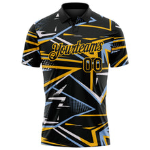 Laden Sie das Bild in den Galerie-Viewer, Uksn Individuelles Schwarz Hellblau-Gold Dynamische geometrische Splitter Funktions-Poloshirt
