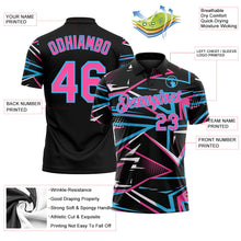 Laden Sie das Bild in den Galerie-Viewer, Uksn Individuelles Schwarz Pink-Himmelblau Dynamische geometrische Splitter Funktions-Poloshirt

