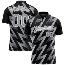 Laden Sie das Bild in den Galerie-Viewer, Uksn Individuelles Schwarz Grau-Weiß Geometrische Zickzackform Blitz Funktions-Poloshirt
