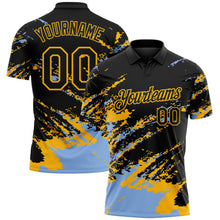 Laden Sie das Bild in den Galerie-Viewer, Uksn Individuelles Schwarz Hellblau-Gold Pinselstrich-Splitter-Spritzer Funktions-Poloshirt
