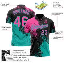 Laden Sie das Bild in den Galerie-Viewer, Uksn Individuelles Schwarz Pink-Aqua Distressed-Kratzer-Pinselstrich Funktions-Poloshirt
