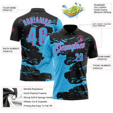 Laden Sie das Bild in den Galerie-Viewer, Uksn Individuelles Schwarz Himmelblau-Pink Flüssige Farbspritzer Funktions-Poloshirt
