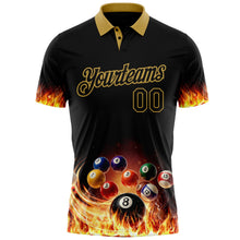 Laden Sie das Bild in den Galerie-Viewer, Uksn Individuelles Schwarz-Altgold Flammen Billard Snooker Bälle Pool Funktions-Poloshirt
