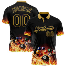 Laden Sie das Bild in den Galerie-Viewer, Uksn Individuelles Schwarz-Altgold Flammen Billard Snooker Bälle Pool Funktions-Poloshirt
