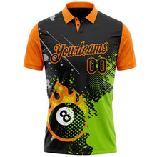 Laden Sie das Bild in den Galerie-Viewer, Uksn Individuelles Schwarz Neongrün-Bay Orange Flammen Billard Snooker 8-Ball-Pool-Spritzer Funktions-Poloshirt
