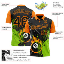 Laden Sie das Bild in den Galerie-Viewer, Uksn Individuelles Schwarz Neongrün-Bay Orange Flammen Billard Snooker 8-Ball-Pool-Spritzer Funktions-Poloshirt
