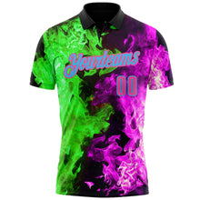 Laden Sie das Bild in den Galerie-Viewer, Uksn Individuelles Schwarz Pink Hot Pink Grün-Himmelblau Flammen-Split-Feuer Funktions-Poloshirt
