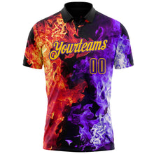 Laden Sie das Bild in den Galerie-Viewer, Uksn Individuelles Schwarz Violett Rot-Gelb Flammen-Split-Feuer Funktions-Poloshirt
