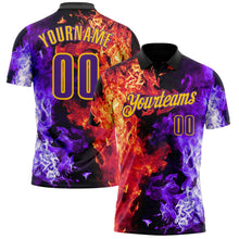 Laden Sie das Bild in den Galerie-Viewer, Uksn Individuelles Schwarz Violett Rot-Gelb Flammen-Split-Feuer Funktions-Poloshirt
