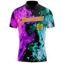 Laden Sie das Bild in den Galerie-Viewer, Uksn Individuelles Schwarz Neongrün Eisblau Violett-Pink Flammen-Split-Feuer Funktions-Poloshirt
