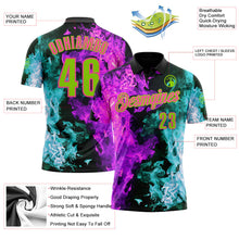 Laden Sie das Bild in den Galerie-Viewer, Uksn Individuelles Schwarz Neongrün Eisblau Violett-Pink Flammen-Split-Feuer Funktions-Poloshirt
