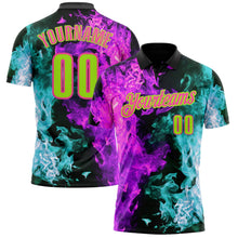 Laden Sie das Bild in den Galerie-Viewer, Uksn Individuelles Schwarz Neongrün Eisblau Violett-Pink Flammen-Split-Feuer Funktions-Poloshirt
