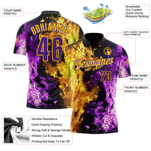 Laden Sie das Bild in den Galerie-Viewer, Uksn Individuelles Schwarz Violett-Gelb Flammen-Split-Feuer Funktions-Poloshirt
