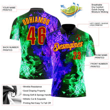 Laden Sie das Bild in den Galerie-Viewer, Uksn Individuelles Schwarz Rot Grün Violett-Gelb Flammen-Split-Feuer Funktions-Poloshirt
