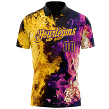 Laden Sie das Bild in den Galerie-Viewer, Uksn Individuelles Schwarz Violett-Gelb Flammen-Split-Feuer Funktions-Poloshirt
