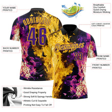 Laden Sie das Bild in den Galerie-Viewer, Uksn Individuelles Schwarz Violett-Gelb Flammen-Split-Feuer Funktions-Poloshirt
