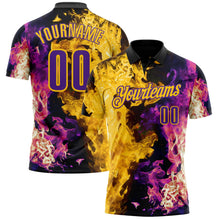 Laden Sie das Bild in den Galerie-Viewer, Uksn Individuelles Schwarz Violett-Gelb Flammen-Split-Feuer Funktions-Poloshirt
