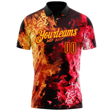 Laden Sie das Bild in den Galerie-Viewer, Uksn Individuelles Schwarz Rot-Gelb Flammen-Split-Feuer Funktions-Poloshirt

